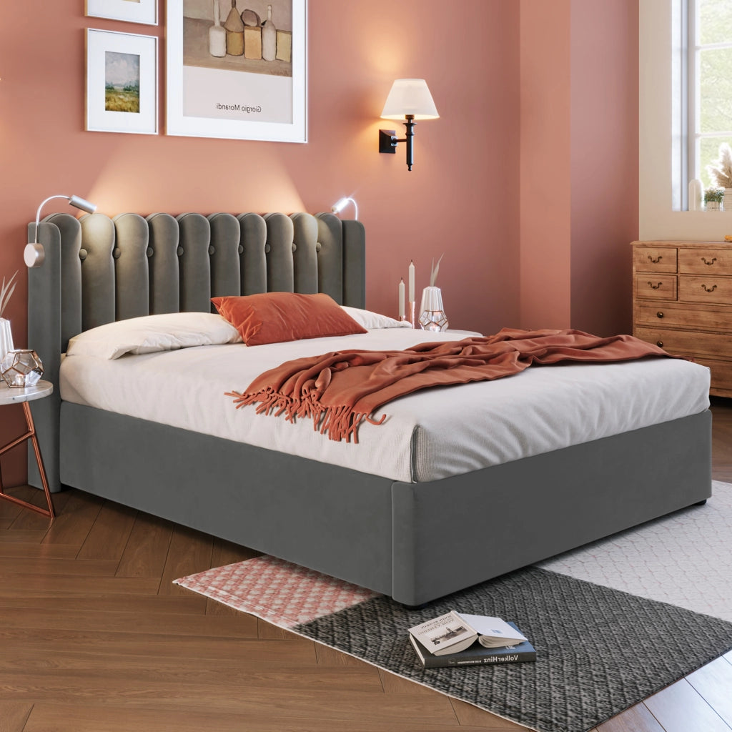 Letto matrimoniale – 160x200 cm – luce USB contenitore – velluto grigio