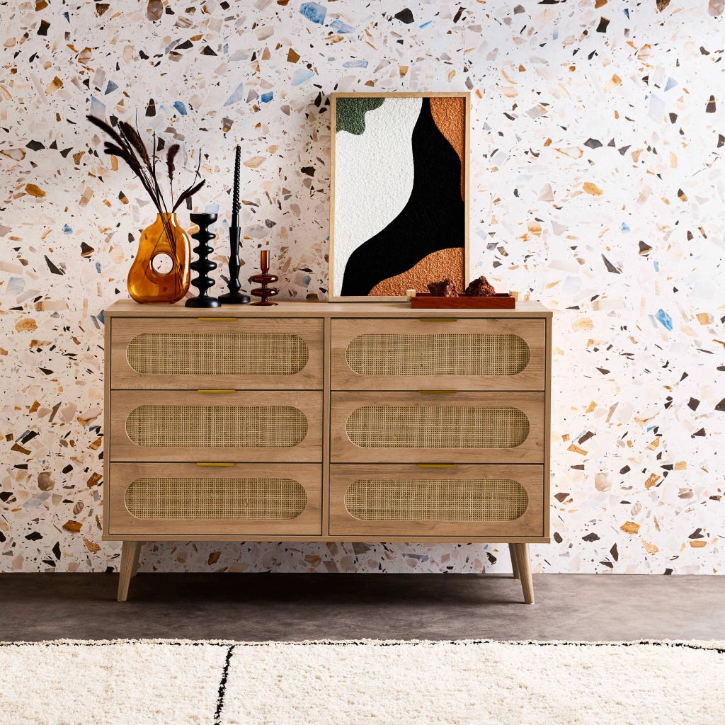 Cassettiera in legno e canna arrotondata, 6 cassetti, marrone naturale