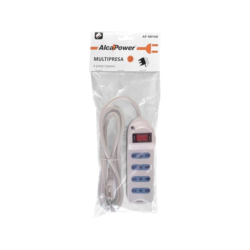 Alca power multipresa bianca con 4 prese bipasso spina a 90° cavo da 1,5mt con interruttore