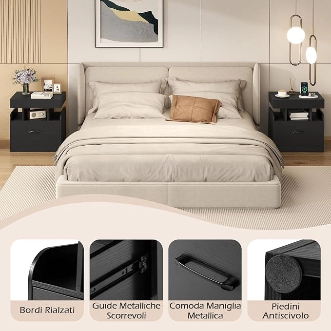 Comodino da Camera da Letto, Mobile Salvaspazio con Stazione di Ricarica, Cassetto, Vano Scorrevole, Vassoio e Ripiani Aperti, Comò per Soggiorno e Ufficio, 50 x 40 x 55 cm (Nero)