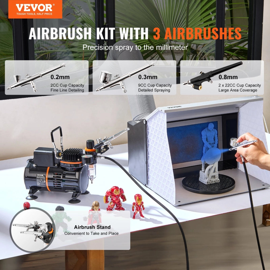 Kit Aerografo TC-20B con Compressore 120W, 3 Aerografi, Supporto e Accessori, Sistema Multifunzionale per Fai da Te e Modellismo