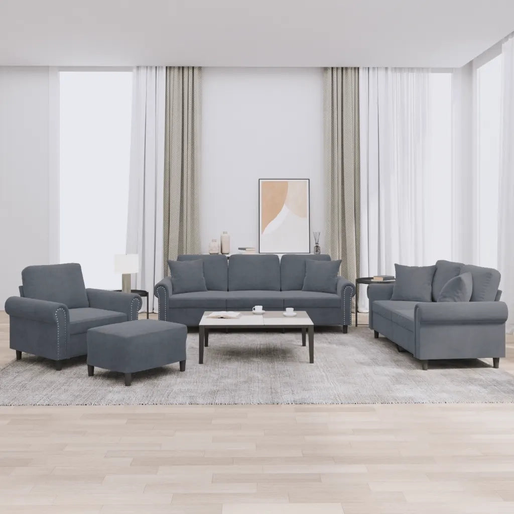 Set di Divani 4 pz con Cuscini Grigio Scuro in Velluto
