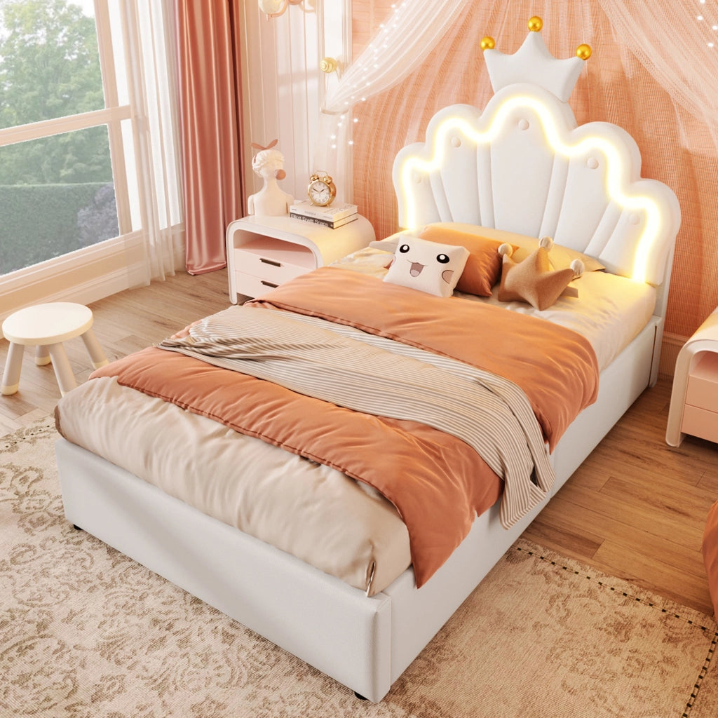 OKWISH Letto Contenitore 90×200 cm, Letto Singolo con LED Multicolore, Testiera Regolabile e Apertura Idraulica, senza Materasso, PU Bianco