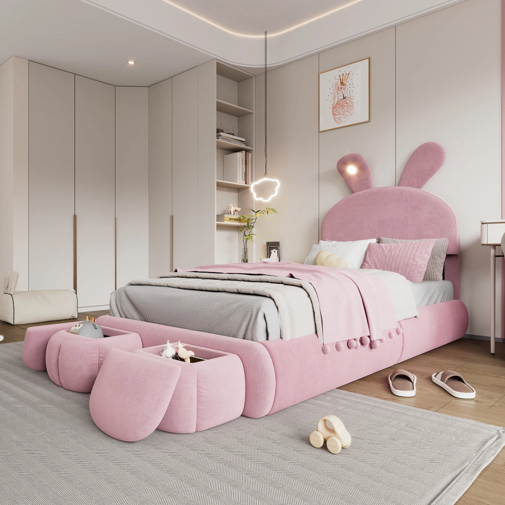 Bunny Kids Bed;90x200 cm;with adjustable LED lights;stools;pink velvet