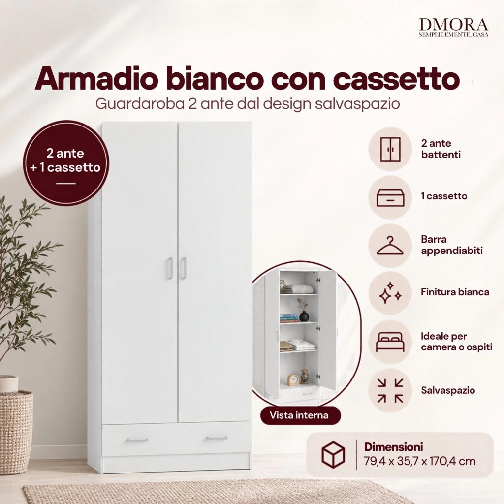 Guardaroba 2 ante Amylya, Mobile camera da letto, Cabina armadio portabiti, Armadio appendiabiti, 79x36 h170 cm, Bianco