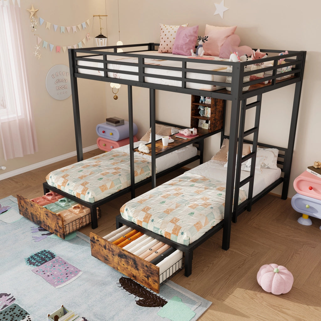Letto a castello con funzione contenitiva in MDF e metallo 140x200 cm + 90x200 cm