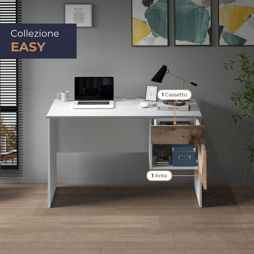 WHOUS Scrivania Easy 1 anta e 1 cassetto bianco opaco e acero 110x50x75 cm
