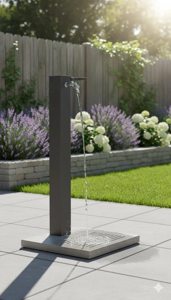 Fontana da Giardino con Rubinetto e Base in Cemento Antracite H91 Cm