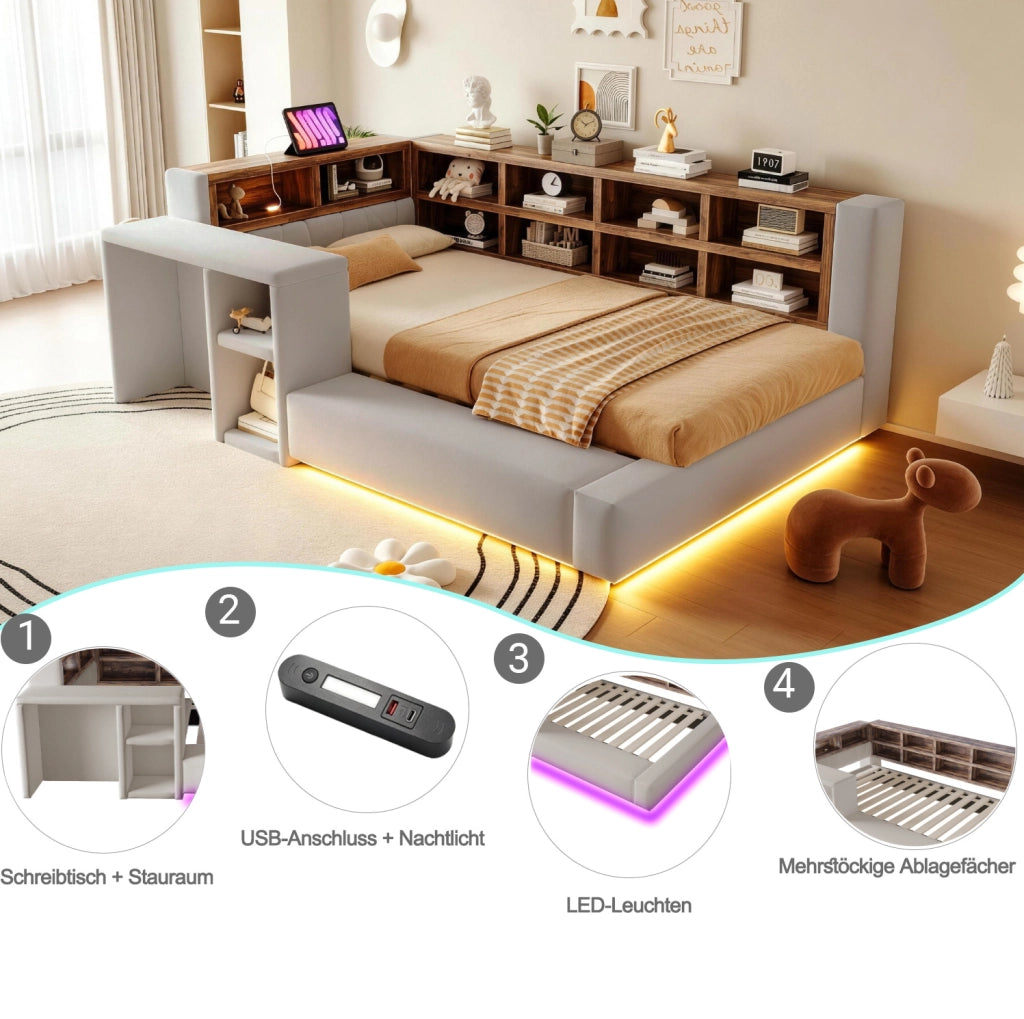 LETTO imbottito 90x200 cm Grigio chiaro con vani contenitore, LED e prese