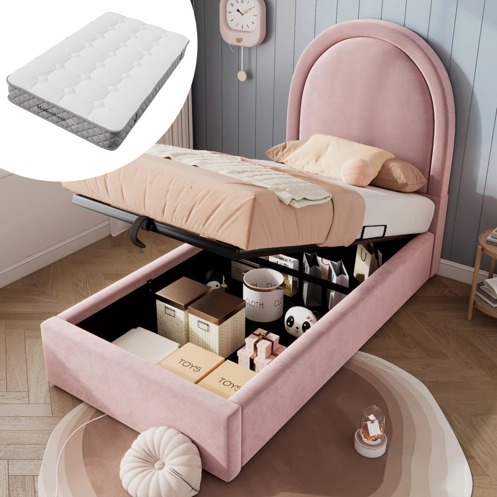 Letto bambino imbottito – 90x200 cm – con materasso – velluto rosa