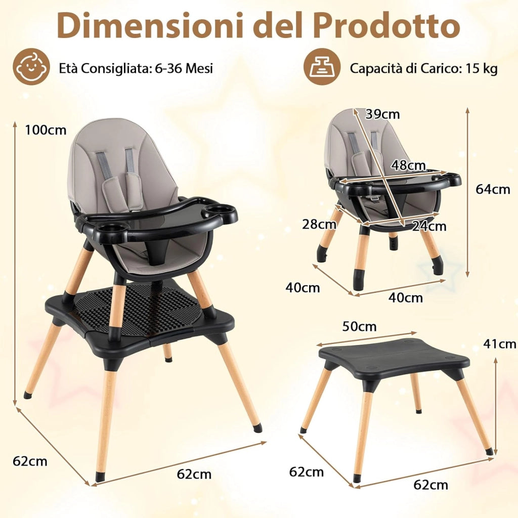 6-in-1 Seggiolone per Neonati, Seggiolone Prima Pappa, Tavolo e Sedia Convertibile per Bambini, Imbracatura di Sicurezza, Vassoio Rimovibile, per Bambini 6-36 Mesi (Grigio+Nero)