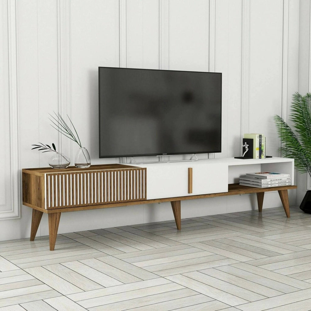 Mobile porta TV Jakuchu, Credenza da soggiorno, Armadio basso per TV, Base parete attrezzata, 180x35h40 cm, Noce e Bianco