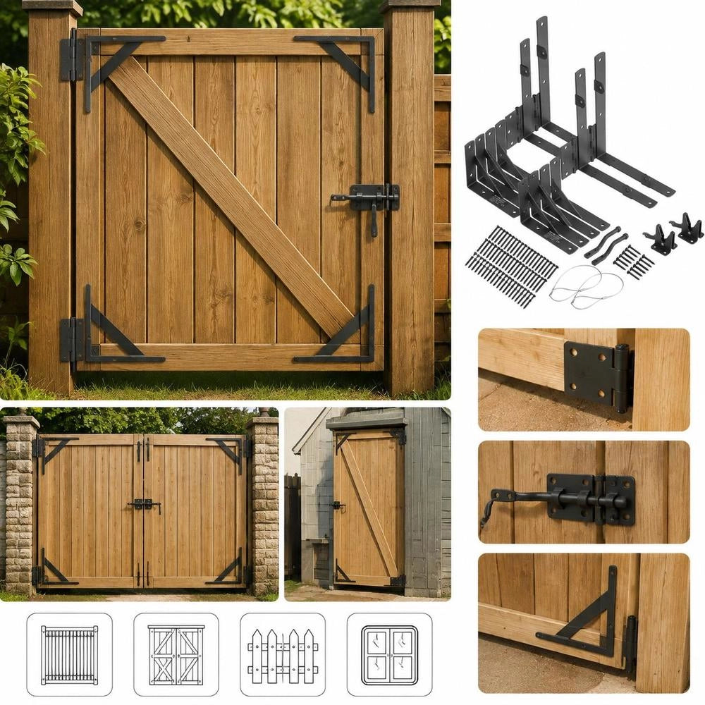 Corner Brace For Gates, Anti-sag Iron Fitting Set For Gate Frames, Gate Corner Brace With Bolt Lock Cable & Screw, 2 Sets For Shed Doors, Driveway Gates, Wooden Windows, Black