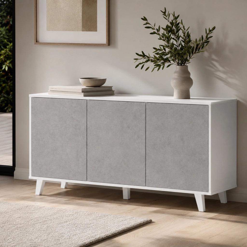 Credenza Moderna Con 3 Ante Battenti Senza Maniglie Mobile Contenitore In Melaminico Per Ingresso Soggiorno E Salotto 154 X 41 X 75 Cm Bianco E Grigio Cemento