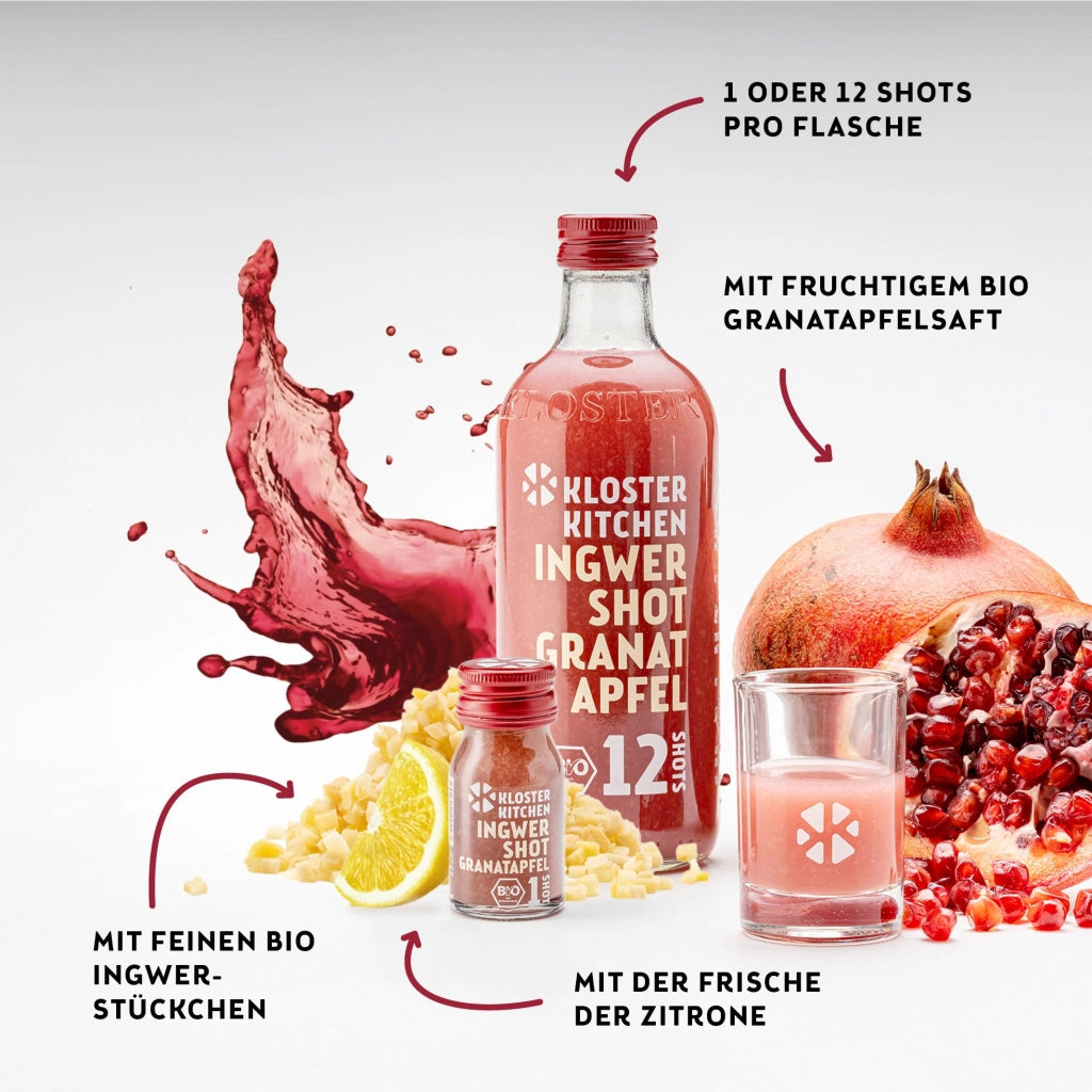 Ingwershot alla granata, 12 flaconi, 6 confezioni da 360 ml, contenenti pezzi di zenzero