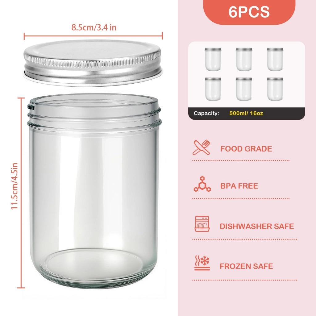 Barattoli in vetro Mason da 500 ml, confezione da 6, realizzati in vetro borosilicato, con chiusura ermetica
