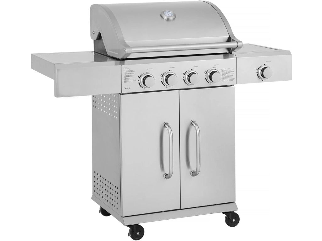 Barbecue a gas in acciaio inossidabile con 5 bruciatori, di cui 1 laterale "Brazzo" - 118 x 57 x 104 cm - Grigio chiaro