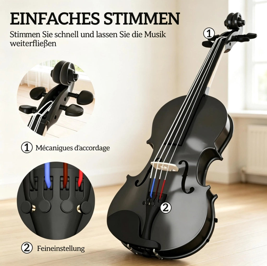 Set violino 4/4 nero per principianti con custodia e accessori