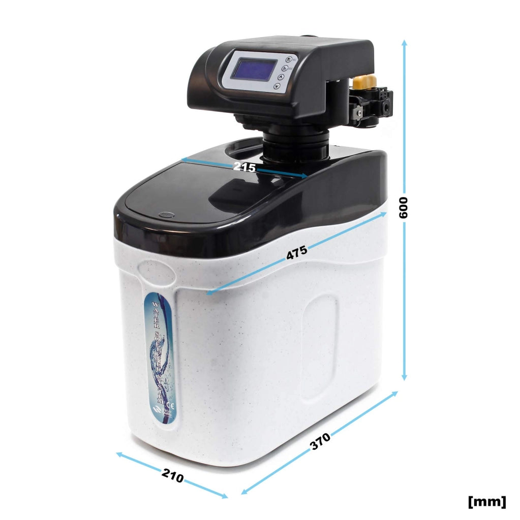 Addolcitore d'acqua da 800 litri/ora, con tecnologia di scambio ionico, dotato di un serbatoio di sale da 12 kg