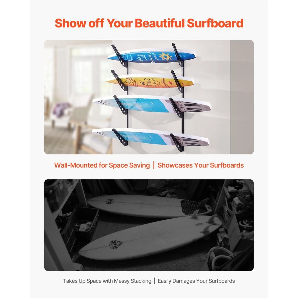 Supporto da Parete per Tavola da Surf a 4 Livelli, Rastrelliera Regolabile in Metallo Nero con Spugna Protettiva per Sci e Kiteboard SSSVS-05