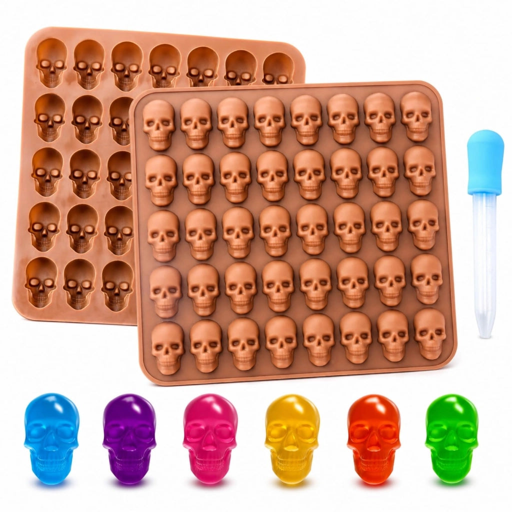 2 stampi in silicone a forma di teschio, ciascuno con 40 cavità, dimensioni 17x16 cm, con contagocce