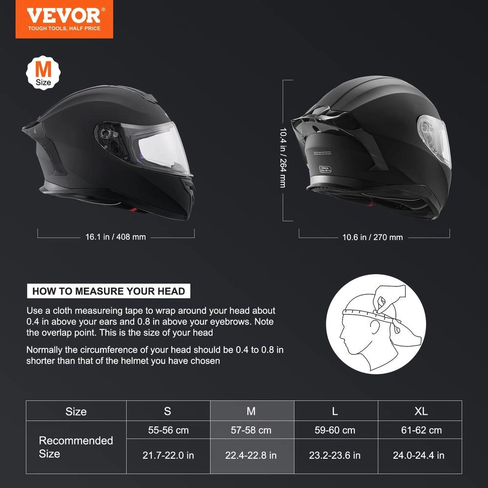 Casco da Moto Integrale WLT-169 in ABS Nero con Slot Bluetooth e Doppia Lente, Casco Motocross Resistente Taglia M 57-58 cm