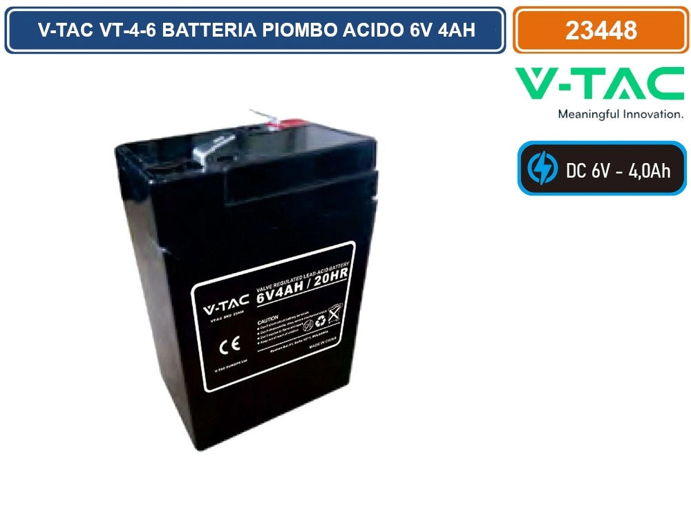 V-TAC VT-4-6 BATTERIA PIOMBO ACIDO 6V 4AH CON ATTACCHI T1 - SKU 23448