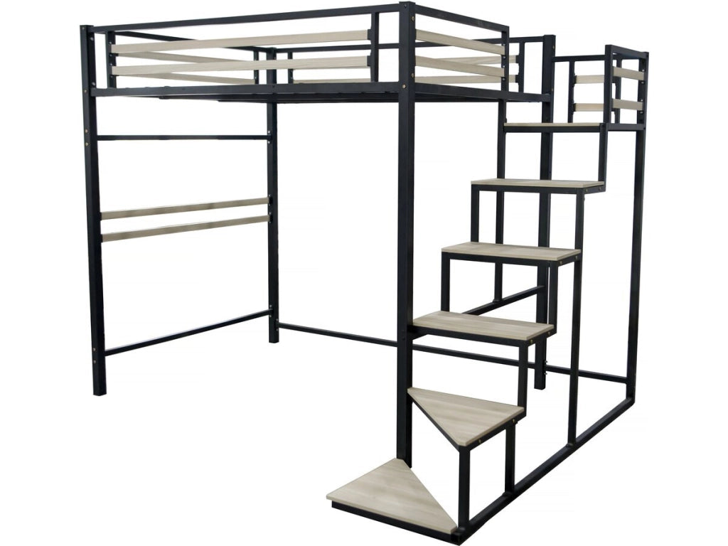 Letto a soppalco in metallo con scala "LENA" - 140 x 200 cm - Bianco