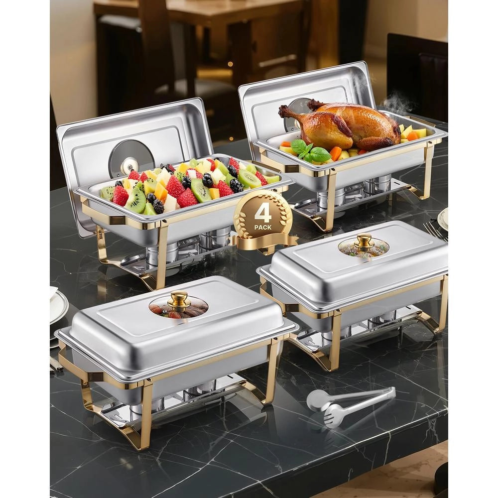 Set 4 Scaldavivande Rettangolari HZ-433B 7,5 L in Acciaio Inox Oro per Buffet Chafing Dish con Coperchio in Vetro e Supporto Pieghevole