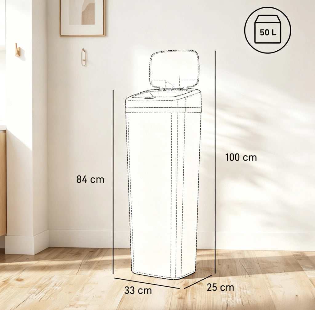 Pattumiera da cucina con sensore 50 L bianca, 33 x 25 x 84 cm