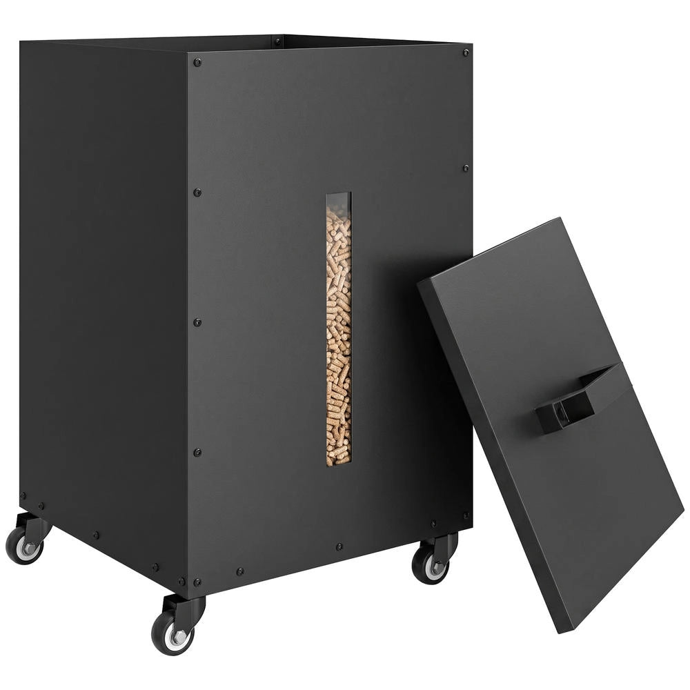 Serbatoio per pellet 30 kg in acciaio nero con ruote e finestra trasparente, contenitore robusto per stufa e barbecue