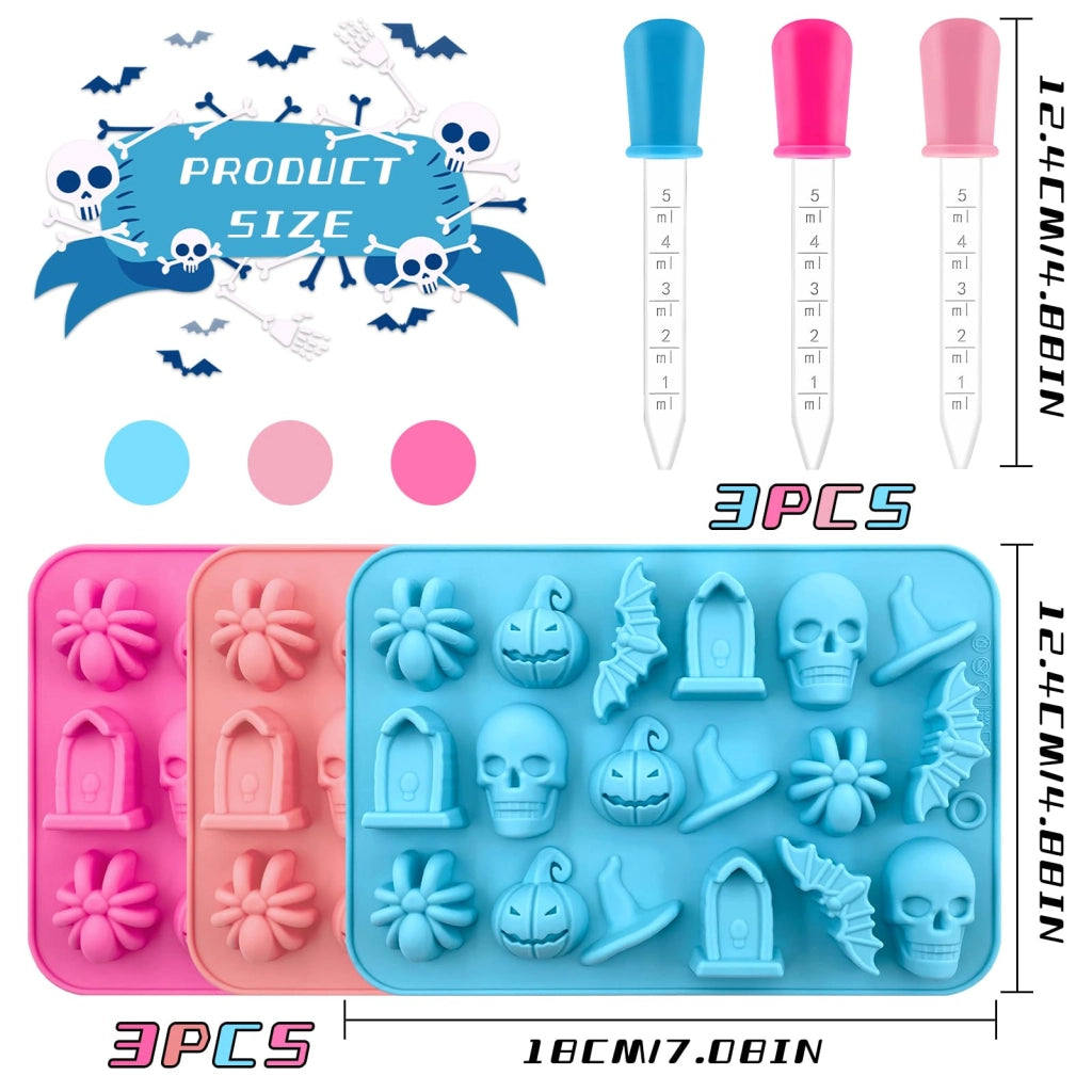 Set di 3 stampi in silicone a tema Halloween, con 3 pipette incluse