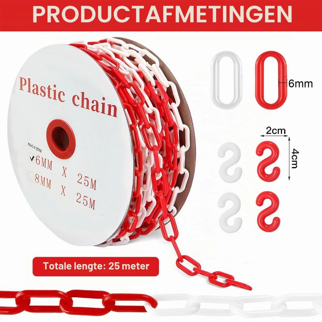 Catena di delimitazione in plastica, rosso e bianco, lunghezza 25 metri, diametro 6 mm, con 4 ganci a uncino
