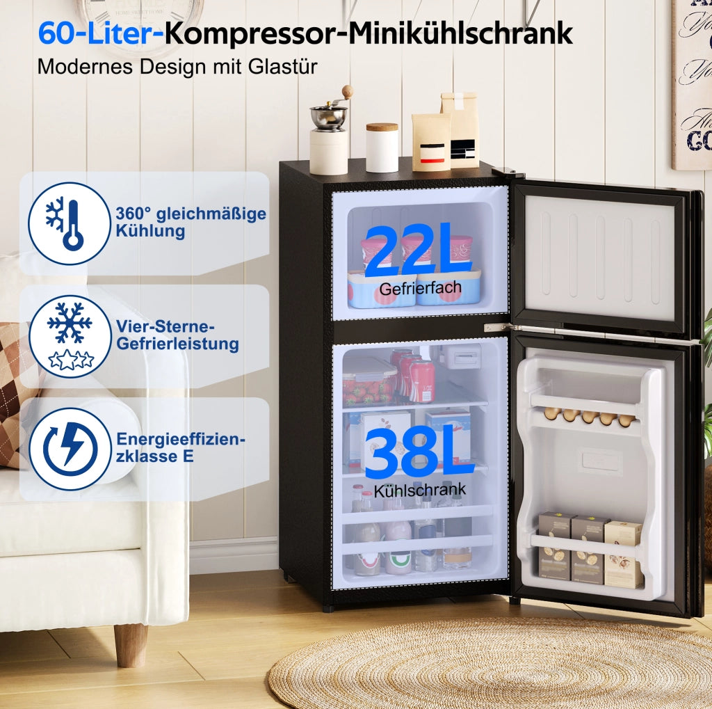FRIGORIFERO compatto 60 L con congelatore 22 L, nero, porta in vetro e LED