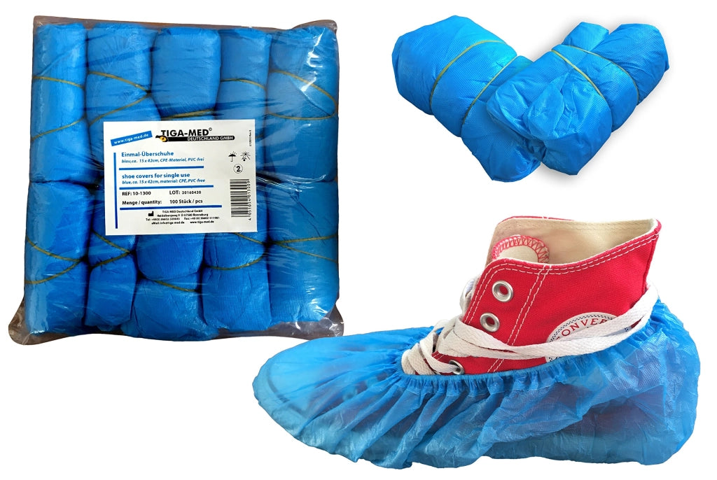 Copriscarpe monouso in CPE per uso chirurgico, 100 pezzi, colore blu, adatti per scarpe fino alla taglia 48