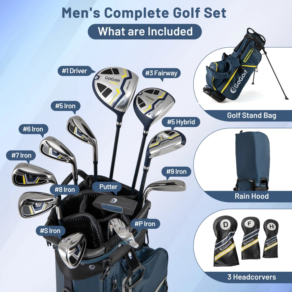 Set Mazze da Golf Complete da Uomo con Sacca Stand Destrorso Giallo Leggero Robusto ed Ergonomico