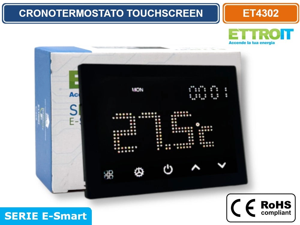 ETTROIT ET4302 CRONOTERMOSTATO TOUCH SCREEN AC 230V PROGRAMMABILE DA INCASSO SU SCATOLA 503 NERO