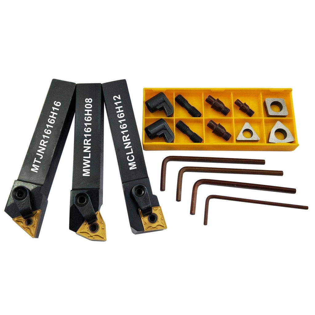 3 pezzi di tornio CNC, utensili per tornitura in metallo duro con inserti, set MTJNR1616H16 + MWLNR1616H08 + MCLNR1616H12 con 3 inserti in metallo duro WNMG431, CNMG431, TNMG331, con inserti