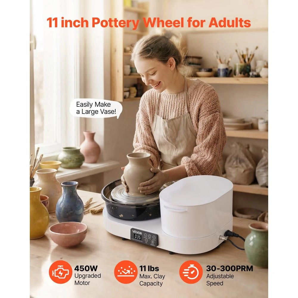Tornio per Ceramica Elettrico 450W con Pedale Piatto in Alluminio 28cm Bianco Regolabile 30-300 Giri/min per Argilla e Fai da Te