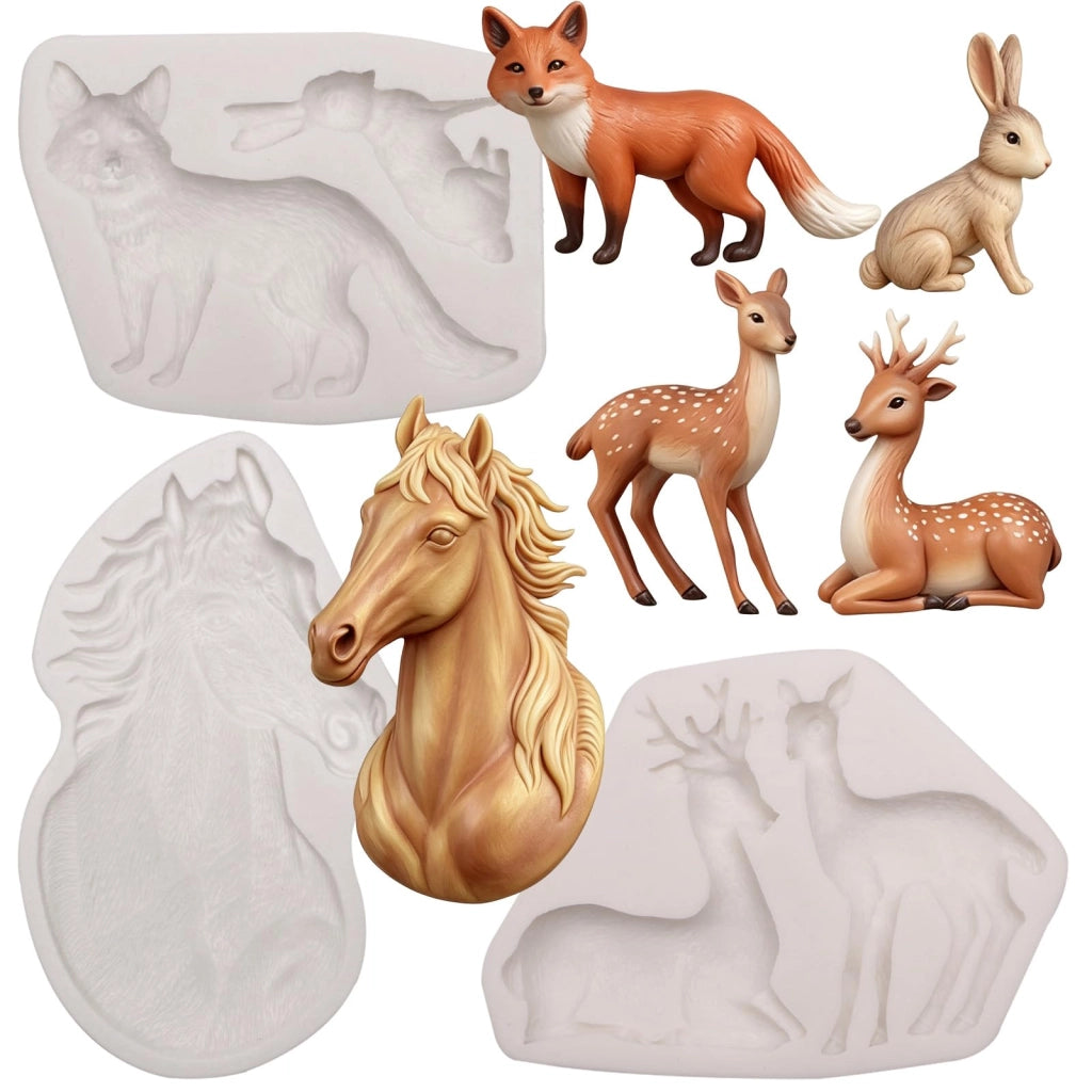 Set di 3 stampi in silicone a forma di animali del bosco: volpe, coniglio, renna, alce