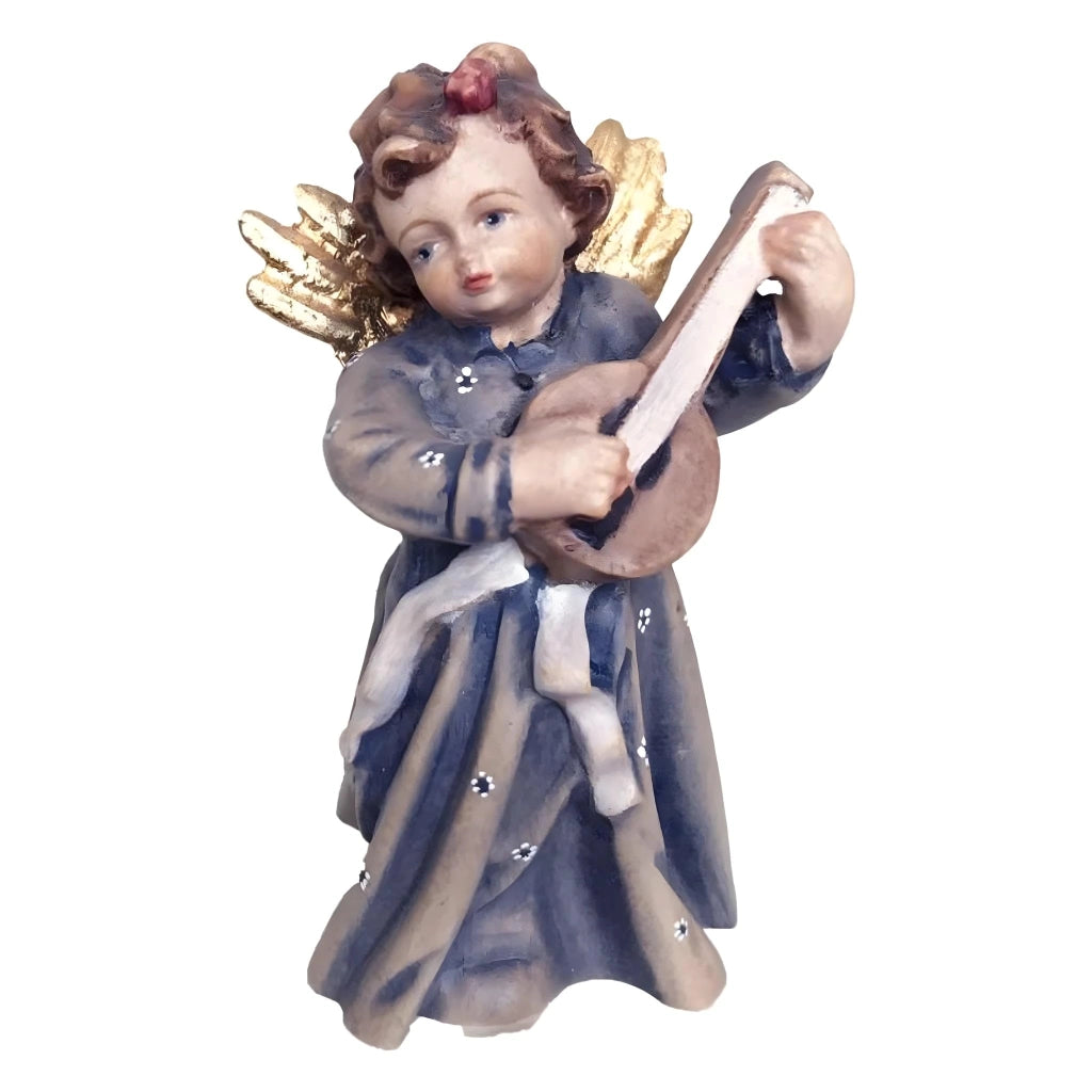Angelo musicale in legno con mandolino, 8 cm, dipinto a mano