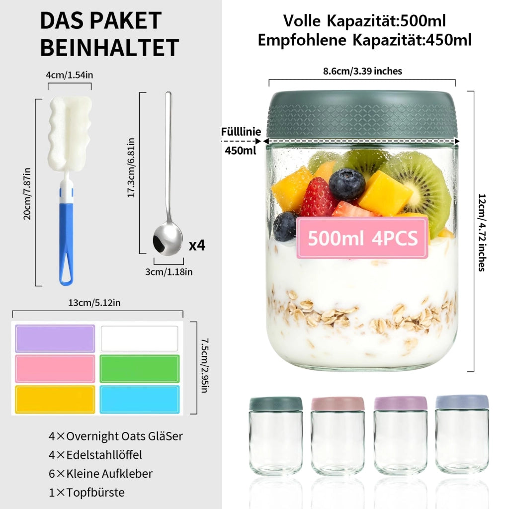 4 bicchieri per porridge notturno da 480 ml, con coperchio e cucchiaino, disponibili in vari colori