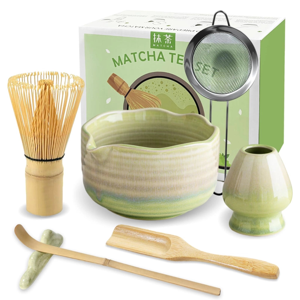Set per la preparazione del matcha, composto da 7 elementi: frusta in bambù, ciotola in Vetroceramica da 500 ml, colore giallo-verde