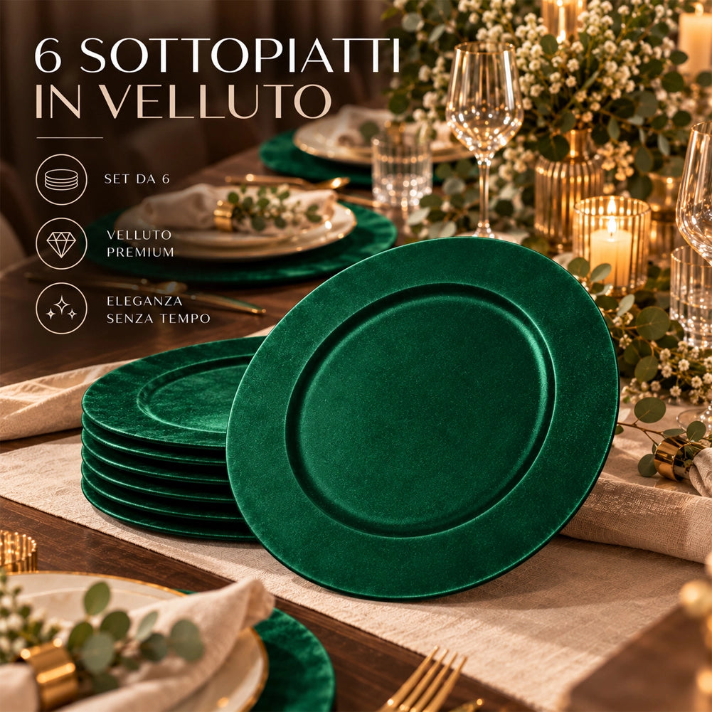 Set 6 Sottopiatti di Natale in Velluto Verde 33 cm Addobbo Natalizio da Tavola
