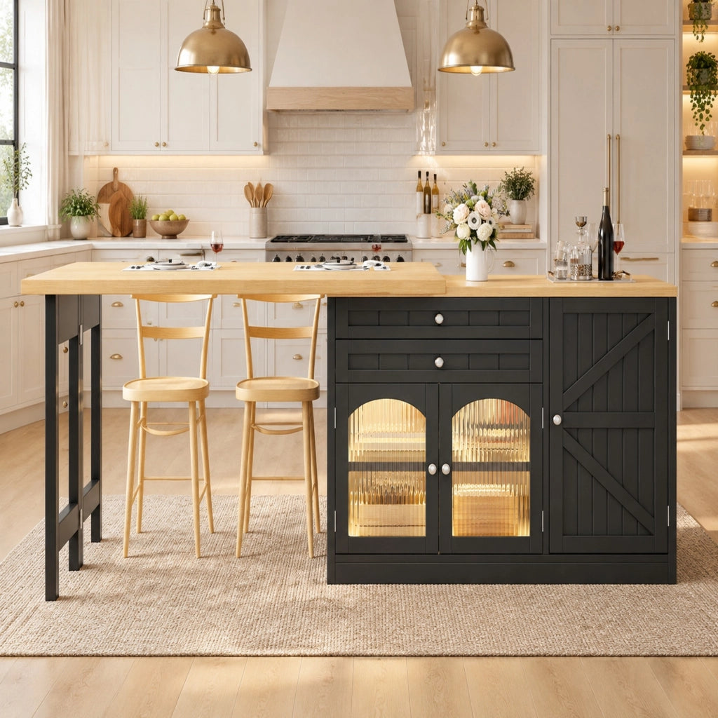 Isola da cucina allungabile 120-194 cm con piano girevole a 360°; MDF e metallo; nero