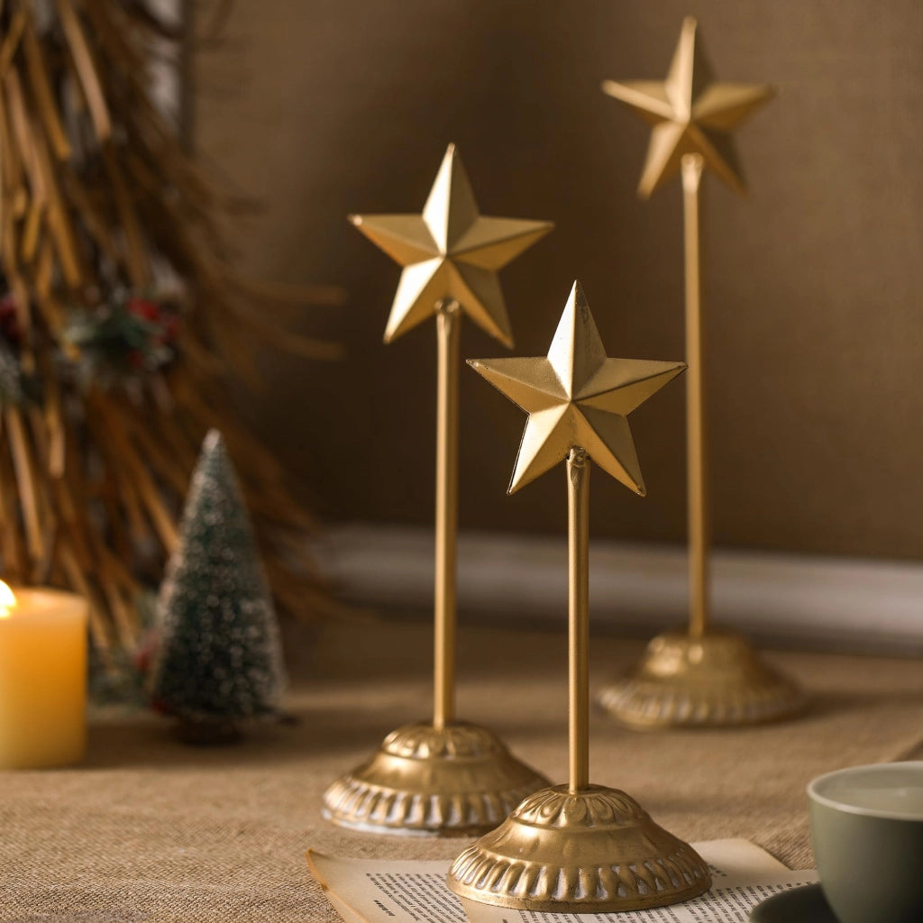 Set di 3 stelle natalizie con base, color oro e ferro, altezza 25-35,5 cm