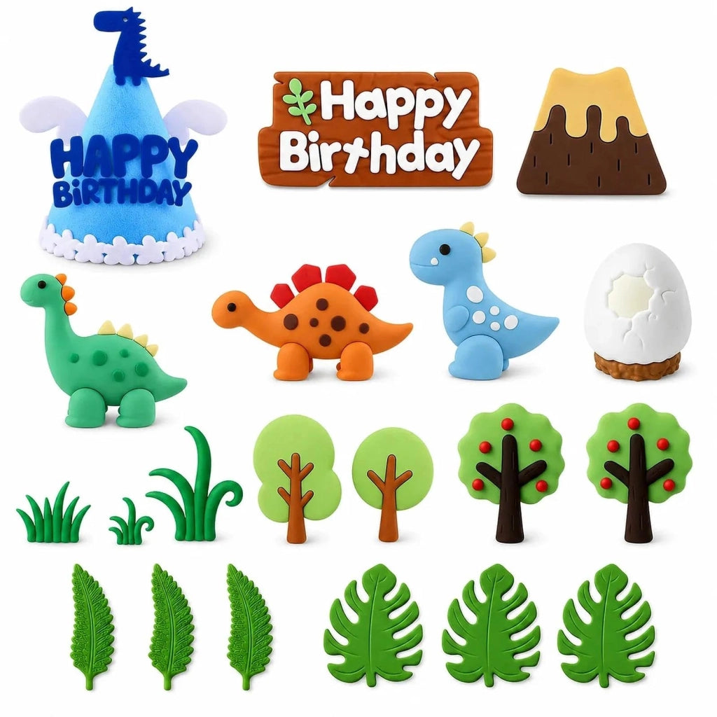 Set di decorazioni a tema dinosauro, composto da 19 pezzi, con vulcano, uovo e piante
