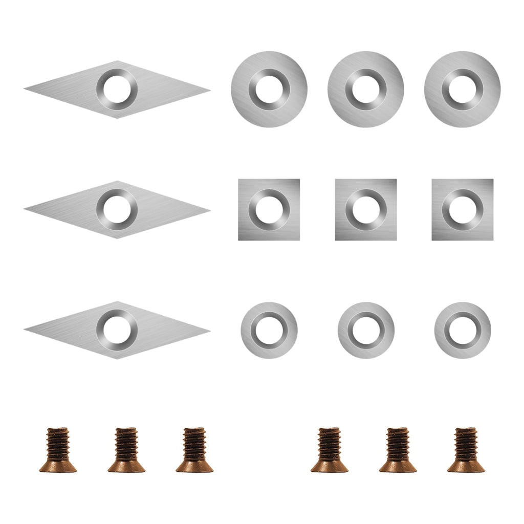 Set da 18 inserti in metallo duro per torni da legno, inclusi quadrati da 11 mm con raggio, rotondi da 12 mm e 8,9 mm, romboidali 30x10 mm con punta