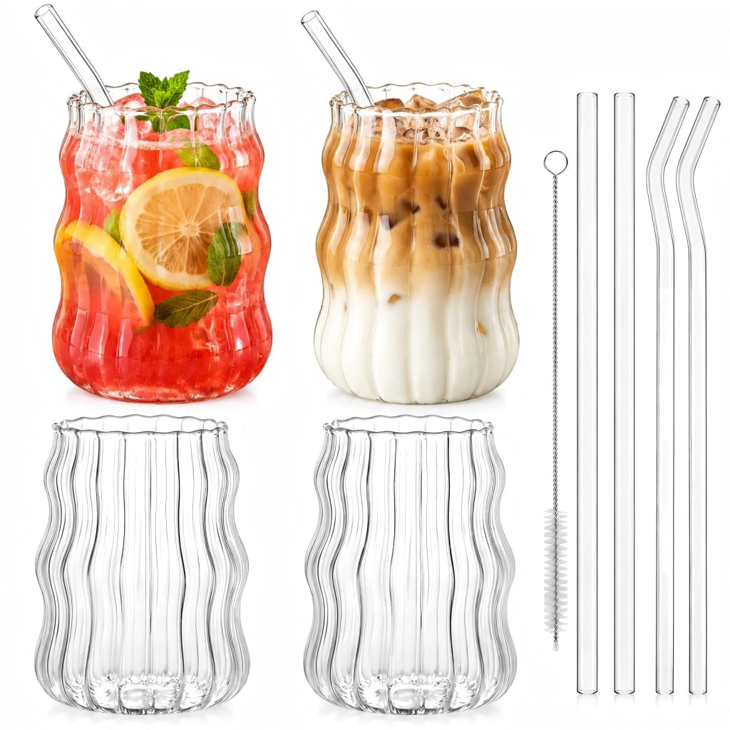 Set di 4 bicchieri "bubble" da 530 ml con cannucce, con motivo a coste