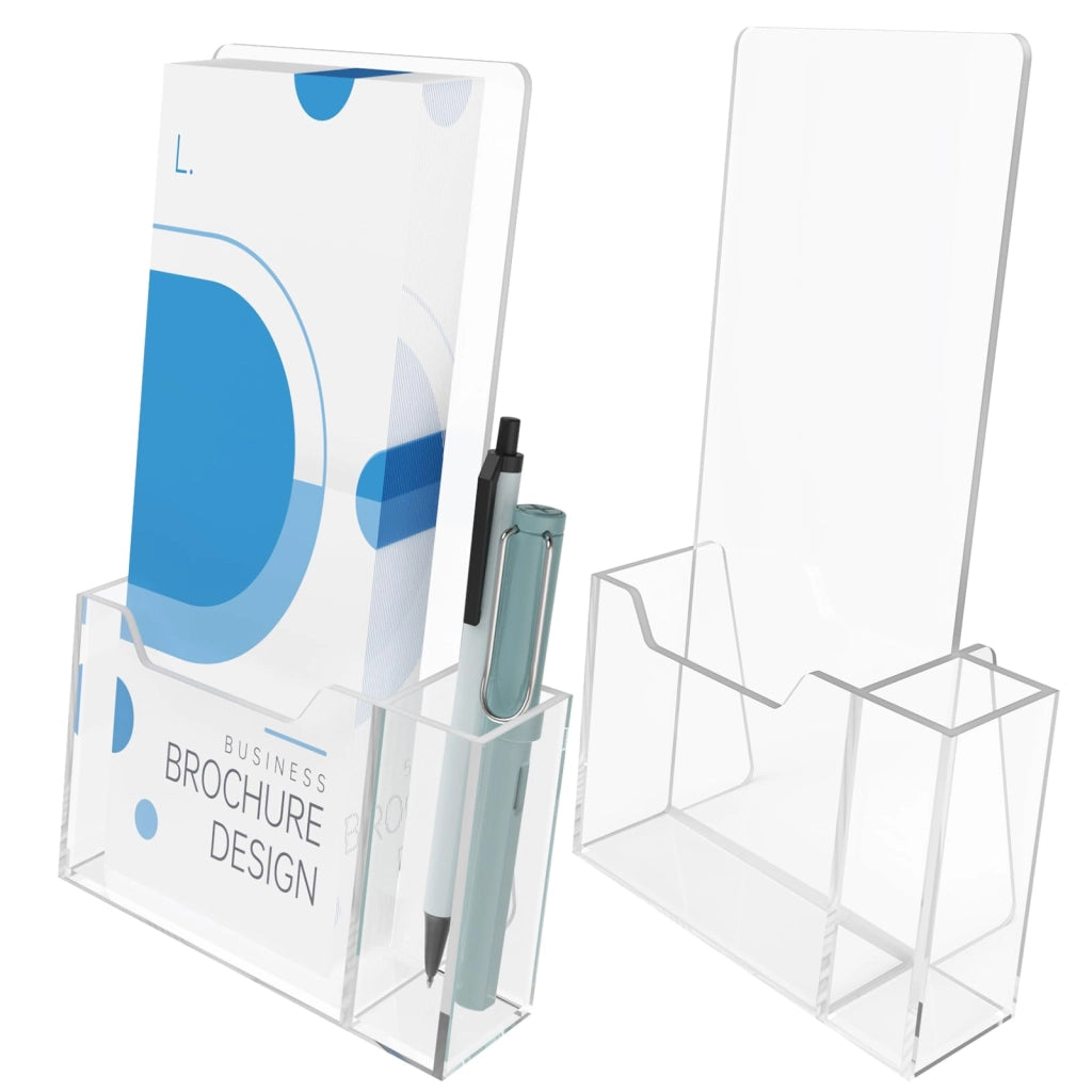 Confezione da 2 supporti trasparenti in acrilico per brochure, dimensioni 14,3 x 3,5 x 23,2 cm